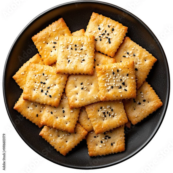 Fototapeta Extreme top view of an extremely perfect looking sesame crackers in a dark plate isolated on a white transparent background