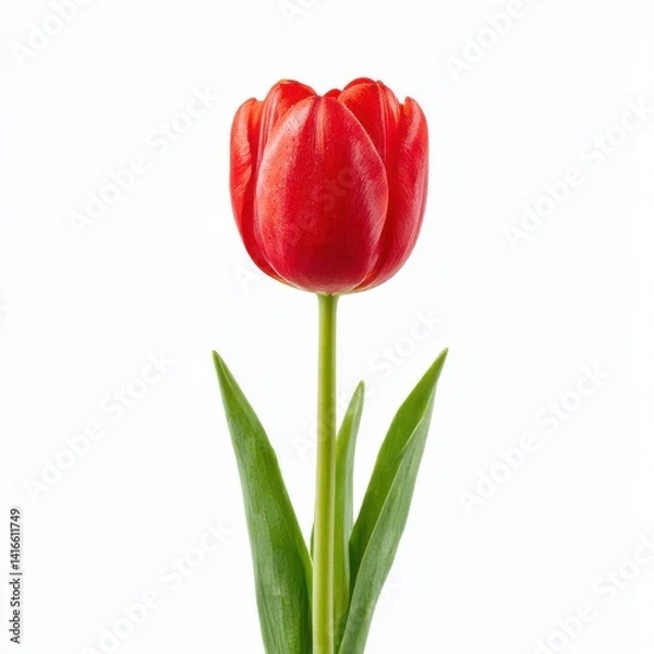 Fototapeta Single red tulip with green leaves on a stem isolated on white background