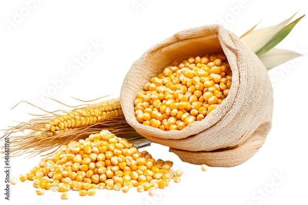 Fototapeta Close up shot of corn kernels in a burlap sack with corn on the cob and leaves on black backdrop