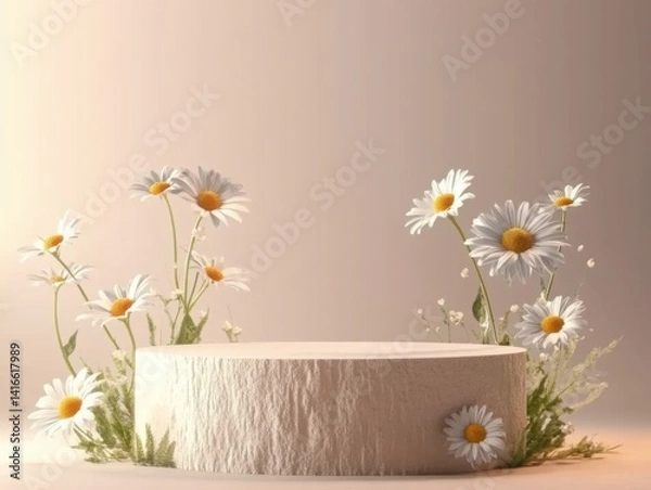 Fototapeta 3D podium model with daisies floating around, minimalist beige background, hyperrealistic, for product display