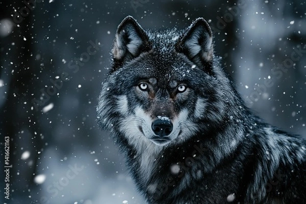 Fototapeta A majestic wolf with fur like midnight, standing in the snow, its eyes gleaming