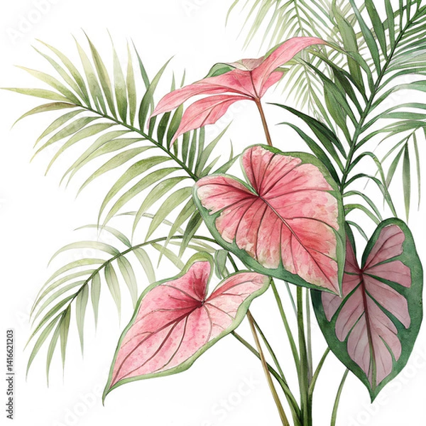 Obraz Watercolor Pink caladium. Green palm leaf. Tropical plants. on isolated transparent background