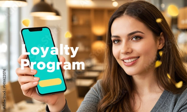 Obraz A modern and welcoming promotional image for a Loyalty Program showing a happy customer holding a digital reward card