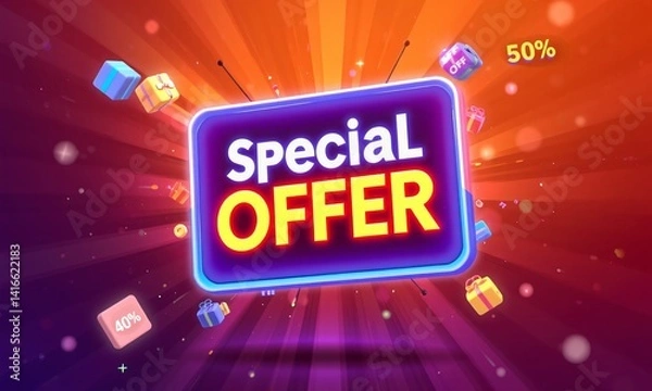 Fototapeta Dynamic and modern scene of a ‘Special Offer’ pop-up — 3D render of a glowing signboard