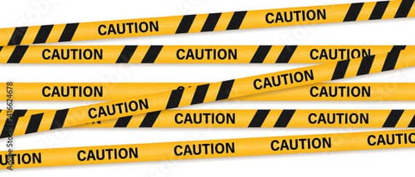 Fototapeta Caution warning tape symbol. Police warning crossed ribbon. Caution sign yellow black strip for danger zone, construction area and crime scene.