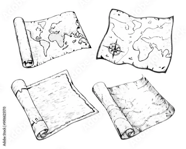 Fototapeta Hand-drawn old map sketch illustration with fine lines and intricate details. Vintage-style etching, perfect for prints, decor, and adventure-themed designs.