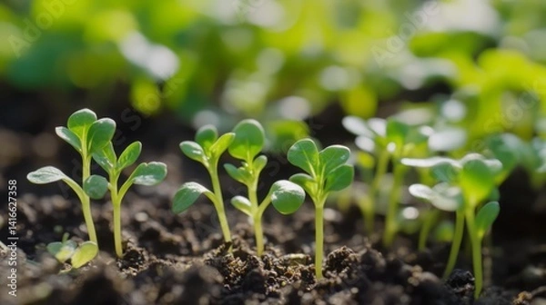 Fototapeta Close Up of Seedlings Sprouting from Rich Soil.