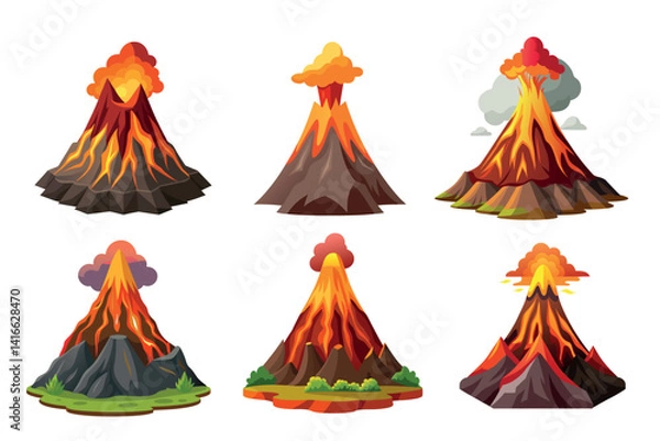 Fototapeta Collection of Vector Cartoon Illustrations Showcasing Various Styles of Volcano Eruptions