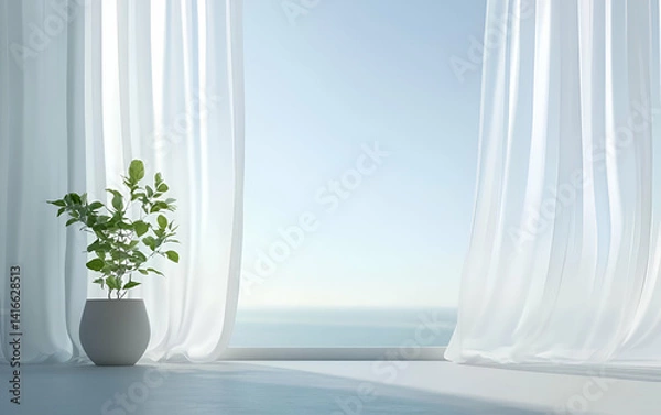 Fototapeta A serene interior view with sheer curtains and a vibrant plant, showcasing tranquility and modern living.