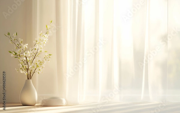 Fototapeta A serene moment with delicate flowers in a vase, soft light through sheer curtains, creating a calming atmosphere.