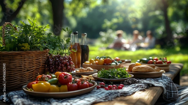 Fototapeta Fresh fruits and vegetables arranged beautifully on a picnic table in a sunlit park with people enjoying a relaxing afternoon