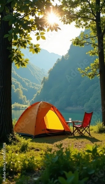 Fototapeta Empty tent and chairs at sunny campsite, idyllic scene, peaceful, tent, vacation