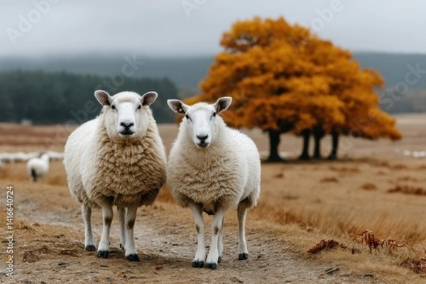 Fototapeta Sheep in a meadow near an autumn tree under a cloudy sky during a chilly afternoon