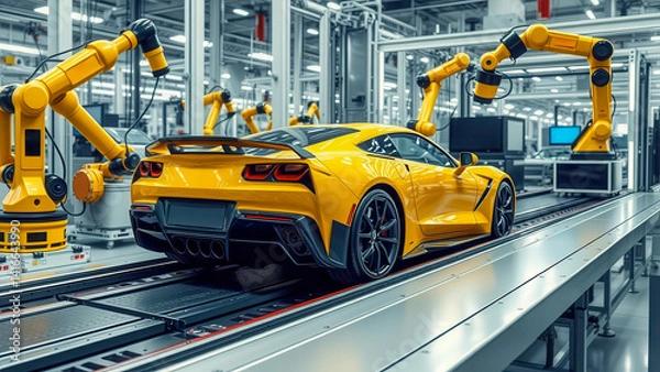Fototapeta A yellow sports car on an assembly line is surrounded by robots. The car is getting ready for the final stage of assembly. Progress, technology and the power of the auto industry.