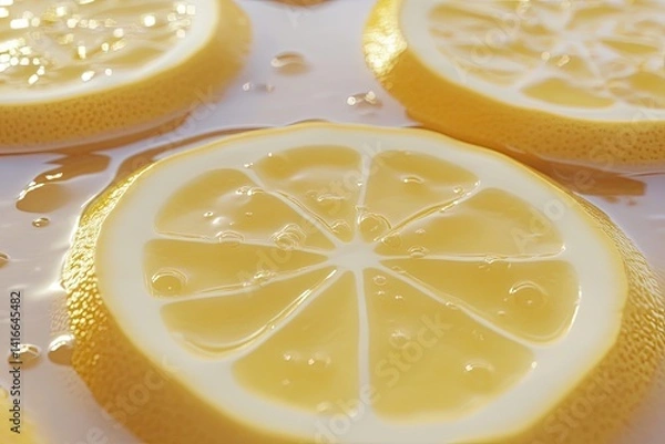 Fototapeta Juicy lemon slices submerged in liquid, glistening with moisture
