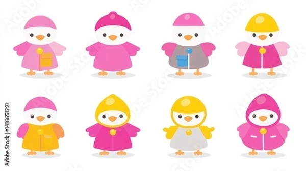 Fototapeta Pixelated avian fashion parade cute animated chicks showcasing an array of colourful jackets and hats springtime adorable birds vector illustration