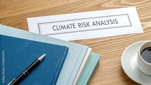 Fototapeta Business Partnerships Driving Awareness for an Eco-Friendly Environment concept. Climate risk analysis with papers and a coffee cup on a wooden table.