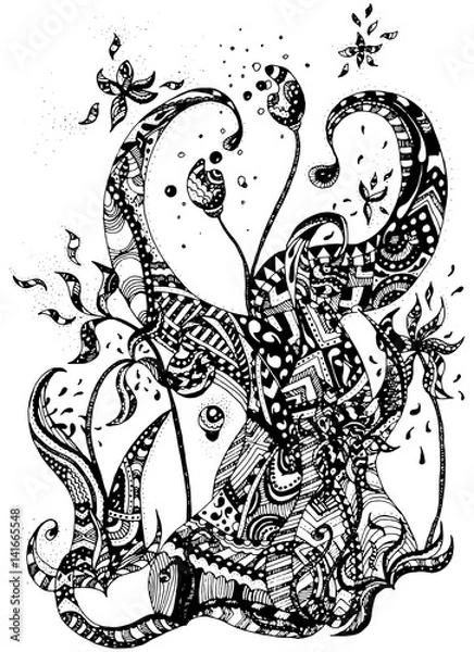 Obraz Vector hand drawn ornate floral pattern in zentangle style. Black and white graphic doodle flower with abstract forms