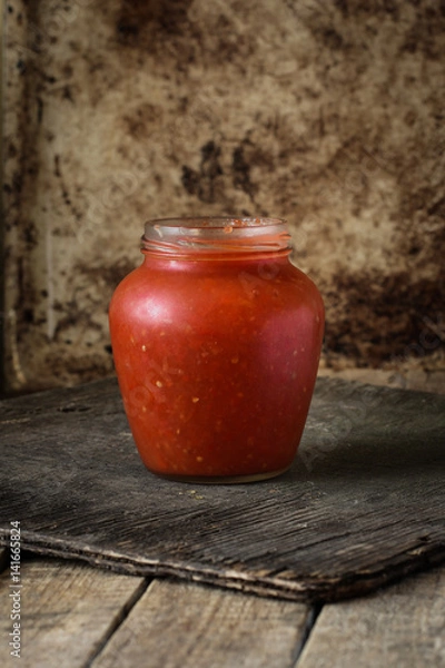 Fototapeta Tomato sauce in a transparent jar on a wooden surface