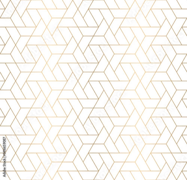 Fototapeta Seamless gold triangle tessellation grid line pattern, hexagon repeat background, modern luxury style graphic design.