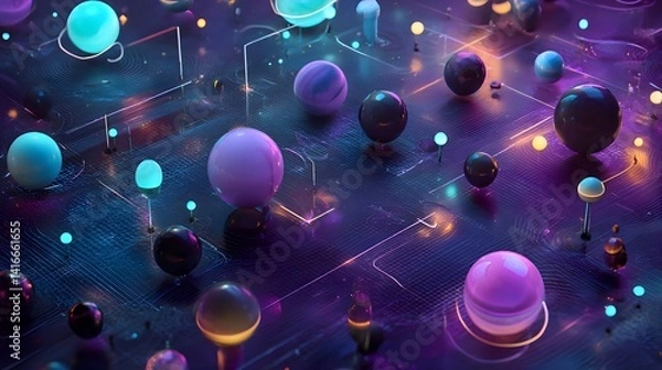 Obraz An abstract digital illustration of a quantum computer entangled particles, glowing spheres and matrix grids, energy waves flowing through circuits, vibrant neon colors,