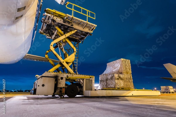 Fototapeta Loading cargo on the plane at airport, twilight time