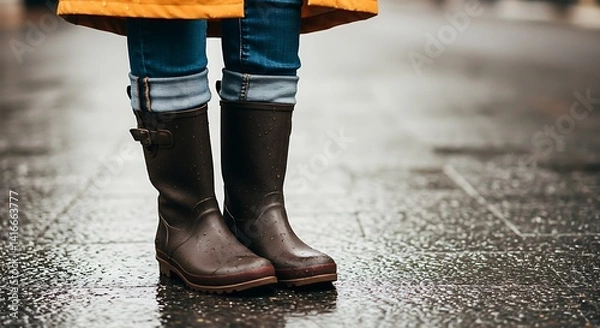 Fototapeta Walking in Rain Boots on Wet Pavement Person Wearing Yellow Jacket