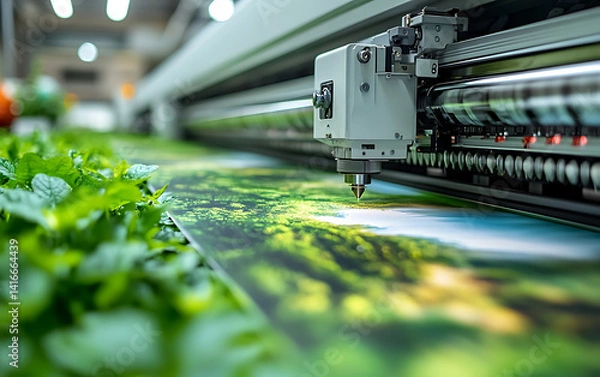 Fototapeta Close up of large digital printer producing high resolution image of green landscape
