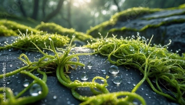 Fototapeta Moss Growing on Rock with Water Droplets in a Forest Setting