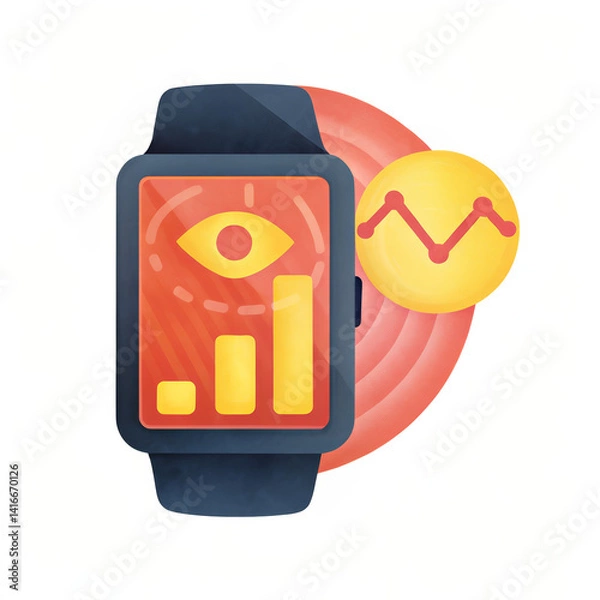 Fototapeta A smartwatch displaying data analytics with graphs, symbols, and an eye icon, representing monitoring and health tracking.