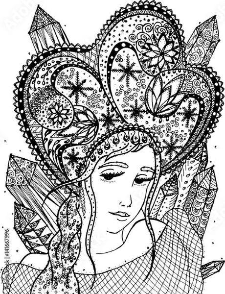 Obraz Vector illustration winter woman in zentangle and ethnic style. Black and white lines.