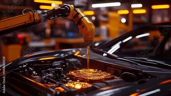 Obraz Industrial Robot Arm Adding Oil to a Car Engine