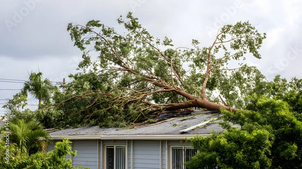 Obraz A large tree has fallen onto the roof of a home, surrounded by greenery and overcast skies.