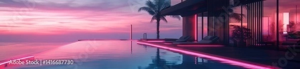 Fototapeta Luxury Villa with Infinity Pool and Ocean View at Neon Sunset in Tropical Paradise