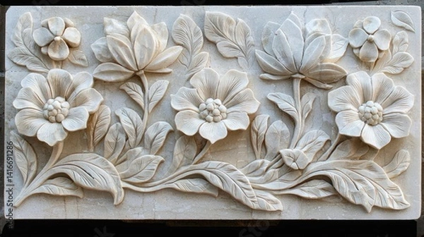 Obraz Intricate floral carving in beige marble stone, showcasing detailed flowers, leaves, and stems in a relief pattern.