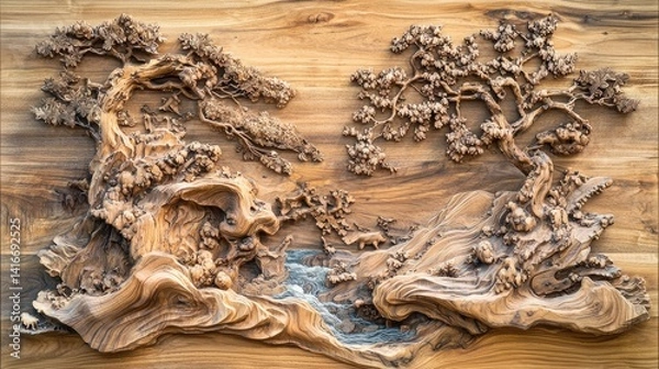 Obraz Intricate wood carving depicting two stylized trees and a landscape, showcasing texture and depth.