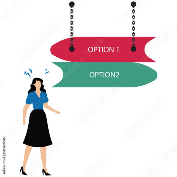 Fototapeta A businesswoman in doubt, having to choose between two different choices indicated by path pointing in opposite direction