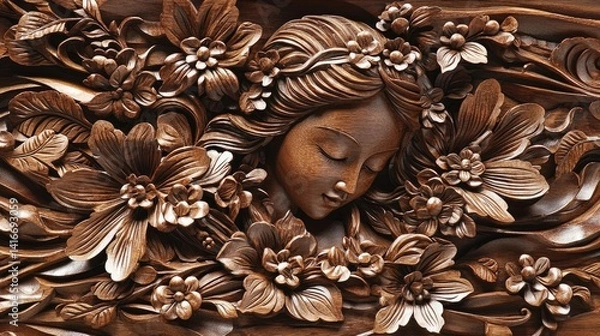 Fototapeta Intricate wood carving of a woman's face surrounded by flowers.
