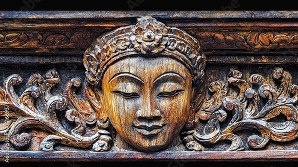 Fototapeta Intricate wooden carving of a serene face, adorned with floral patterns, showcasing traditional craftsmanship.
