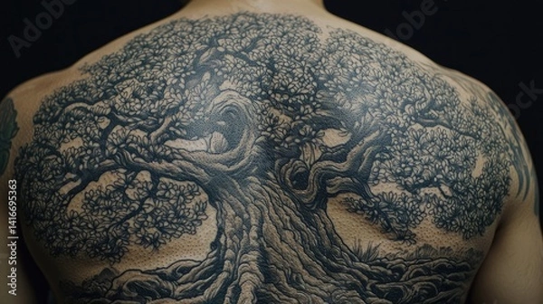 Obraz Large detailed tree tattoo on man's back.