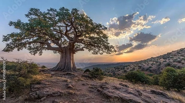 Obraz Majestic ancient tree on a hilltop at sunset.  Vast landscape view.