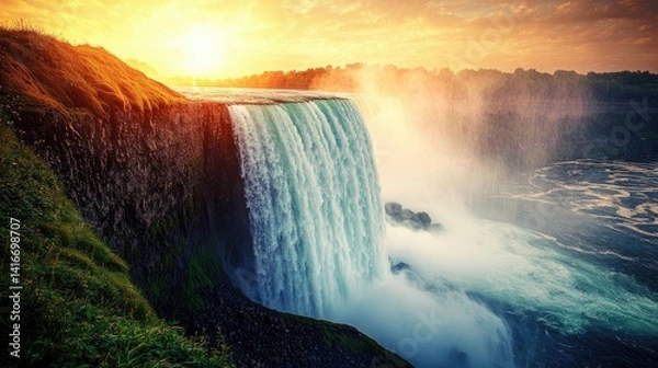 Obraz Majestic Niagara Falls at sunrise, powerful waterfall cascading over cliff edge, vibrant colors of sunrise reflecting on the water.