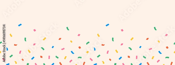Fototapeta Seamless abstract horizontal frame, background, border, pattern of multi-colored falling top-down confetti from short ribbons on a light background, hand-drawn illustration, flat style, copy space