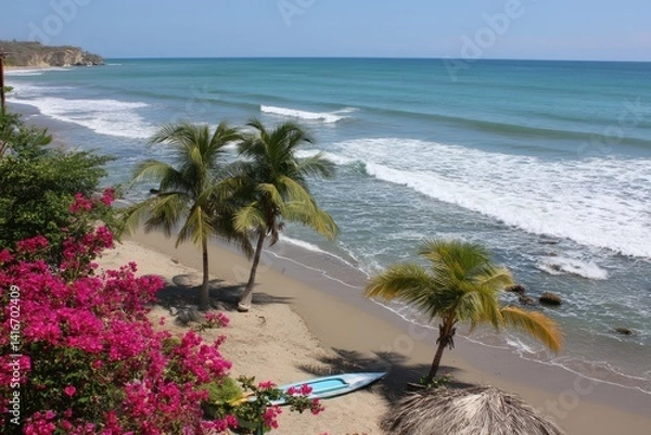 Fototapeta Tropical beach scene with palm trees and waves