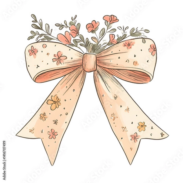 Fototapeta ribbon bow with tiny flowers hand-drawn