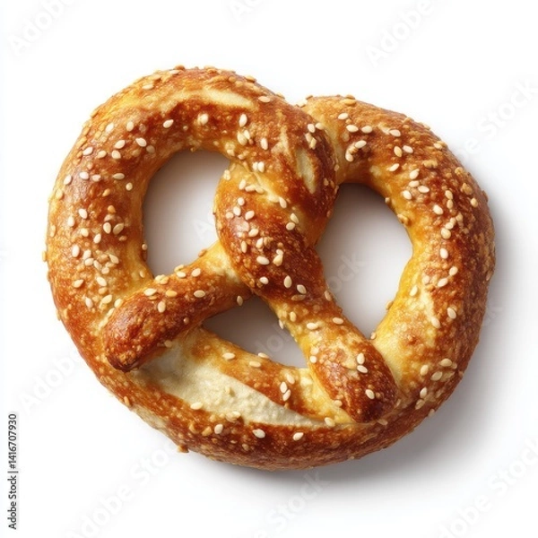 Fototapeta Close up of a single pretzel covered in sesame seeds isolated on white background