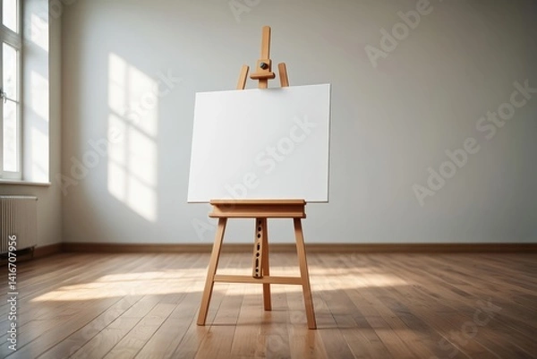 Fototapeta Wooden easel holding blank white canvas in empty room with sunlight from window