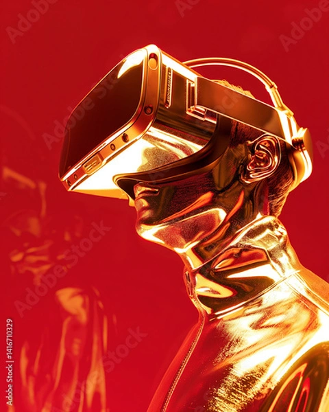 Fototapeta Golden VR Headset on Red Background with Reflective Minimalist Contrast. Generative AI