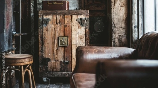 Fototapeta Vintage lounge corner with leather armchair and rustic decor
