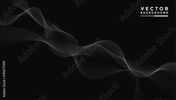 Fototapeta Smooth wavy lines, bright white, gray, black. The composition of waves is small dots, black background, designed with soft yet luxurious textured materials.